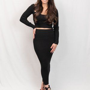 2 Piece Long Sleeve Crop Top and Midi Skirt Set